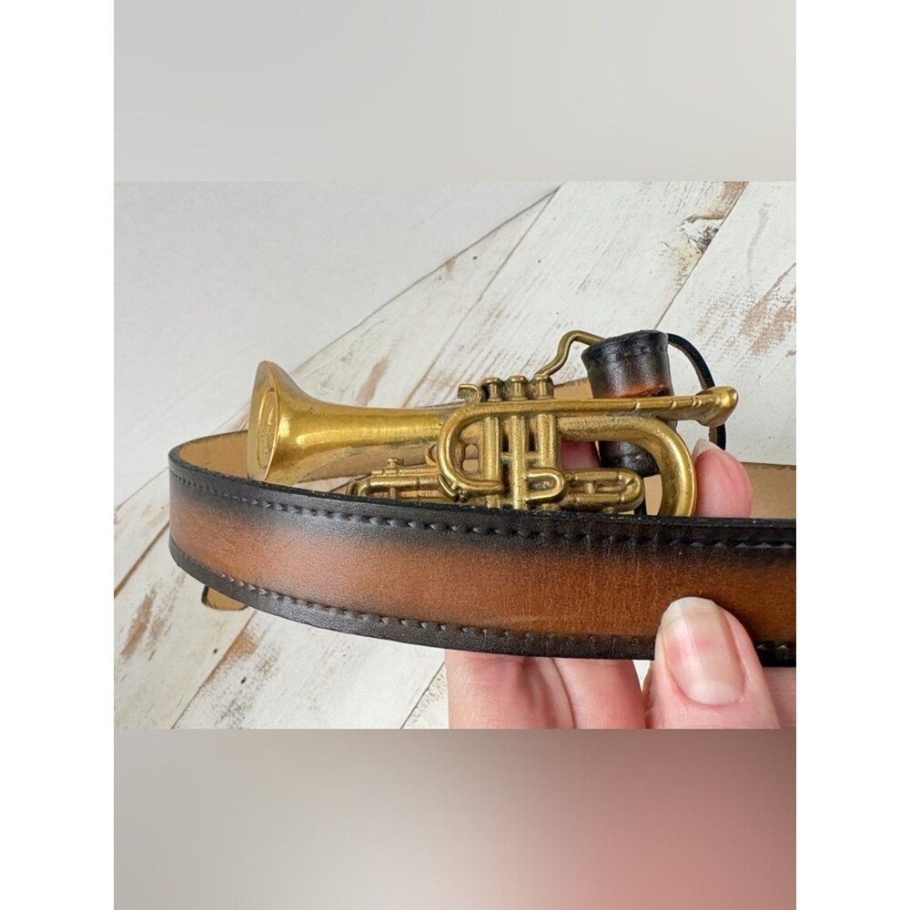 Vintage 70s leather belt Baron solid Brass Buckle cornet trumpet music band 34 - Picture 3 of 16